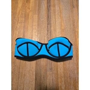 Bra Society Women Small Blue Black Trim Neoprene Bandeau Strapless Bikini Top